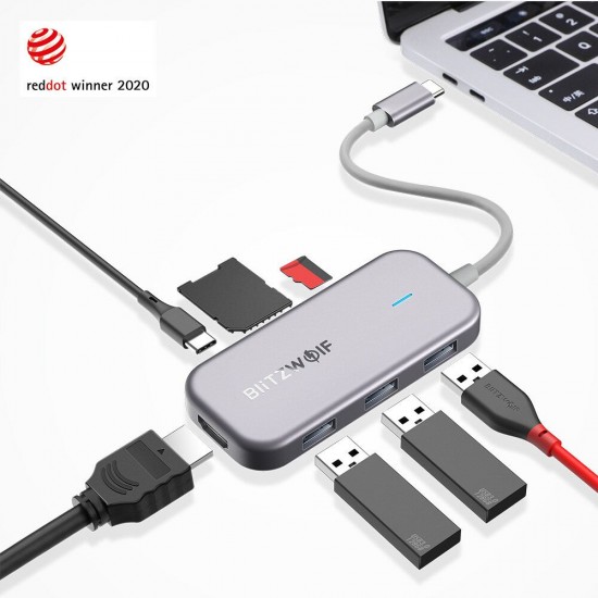 BW-TH5 7 in 1 USB-C Data Hub with 3-Port USB 3.0 TF Card Reader USB-C PD Charging 4K Display USB Hub for MacBooks Notebooks Pros