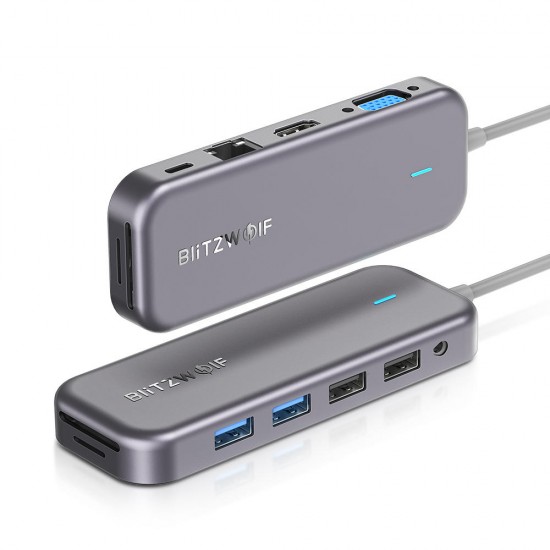 BW-TH8 11 in 1 USB-C Data Hub with 100W Type-C PD Power Delivery 2 USB3.0 & 2 USB2.0 4K@30HZ & 1080P@60HZ Resolution Stable Internet SD & TF Card Slot & Audio Sync Output