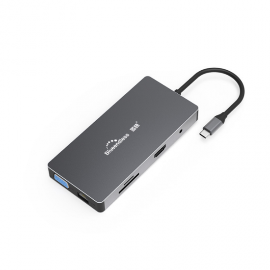 HC101A Type-C 10 in 1 Multifunction USB Hub SD/TF Card Reader RJ45 3.5mm Audio Port with Type-C PD Interface Adapter