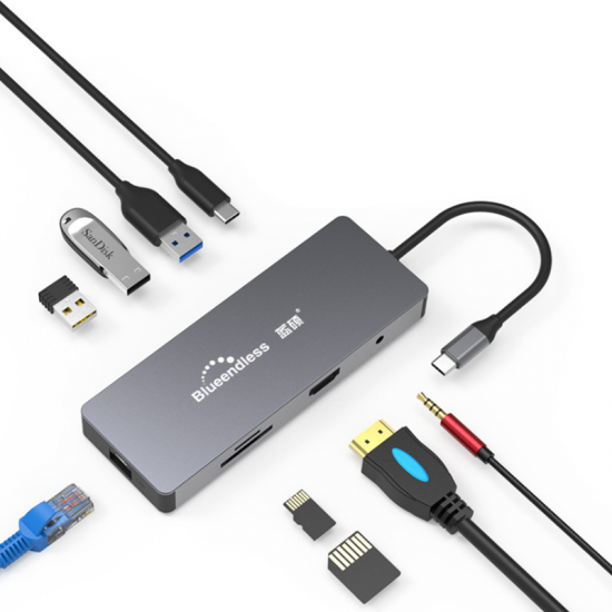 HC901A Type-C 9 in 1 Multifunction USB Hub SD/TF Card Reader RJ45 3.5mm Audio Port with Type-C PD Interface Adapter HC901A Type-C 9 in 1 Multifunction USB Hub SD/TF Card Reader RJ45 3.5mm Audio Port with Type-C PD Interface Adapter