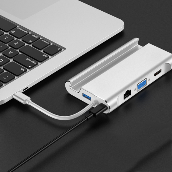 HW-TC20 Type-C 7 in 1 USB Hub 5Gbps USB3.0 USB-C PD Charging HD VGA 4K Display with 1000Mbps Network Port Extender Extension Connector