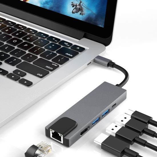 HW-TC21 Type-C to HD 5 in 1 USB Hub 5Gbps USB3.0 USB-C PD Charging HD 4K Display with 1000Mbps Network Port Extender Extension Connector