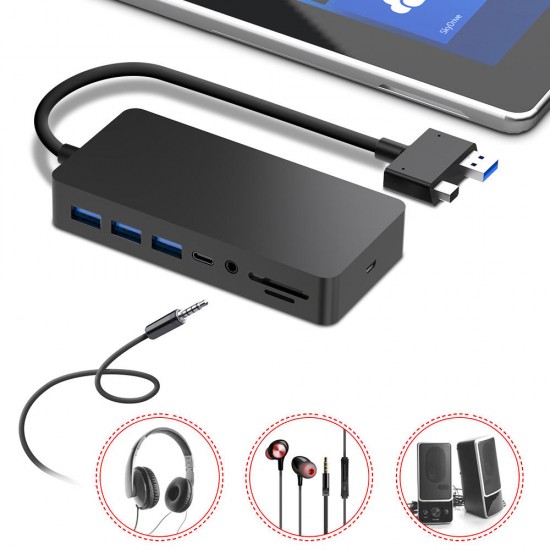 SH701 USB Hub Card Reader Docking Station for Surface Pro 4/5/6 with RJ45 LAN DP HD VGA USB 3.0 Ports Type-C SD/TF Card Slot 3.5mm Audio Port