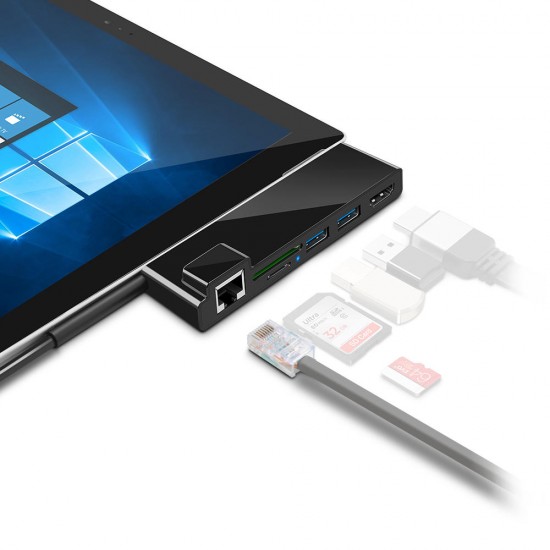 SUR368/SUR468/SUR568 Surface HUB USB Hub Card Reader for Surface Pro 3/4/5/6 with 1000Mbps RJ45 LAN 4K HD USB 3.0 Ports SD/TF Card Slots