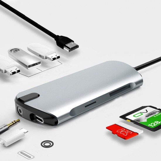 1908C Type-C to USB Hub USB-C Hub 8-in-1 Docking Station HD + PD Charging + 3.5mm Audio + TF / SD Card Reader