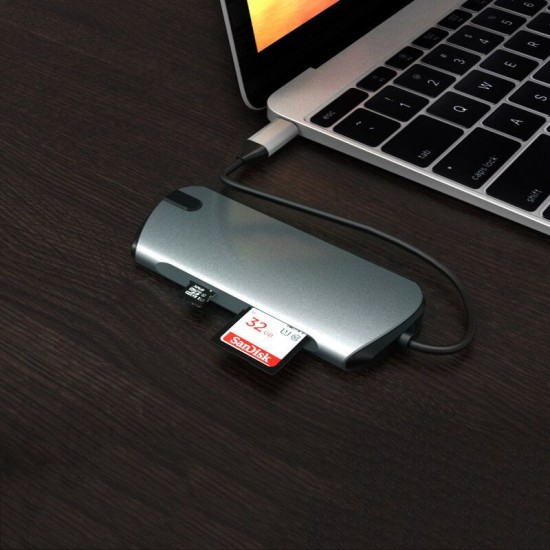1908C Type-C to USB Hub USB-C Hub 8-in-1 Docking Station HD + PD Charging + 3.5mm Audio + TF / SD Card Reader