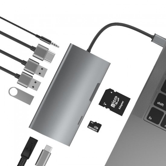 TW9A 9-in-1 USB-C Hub HD Converter Type-C to USB 3.0 * 3 + M-SD + SD + RJ45 + Type-C + 3.5mm Audio + HD Adapter