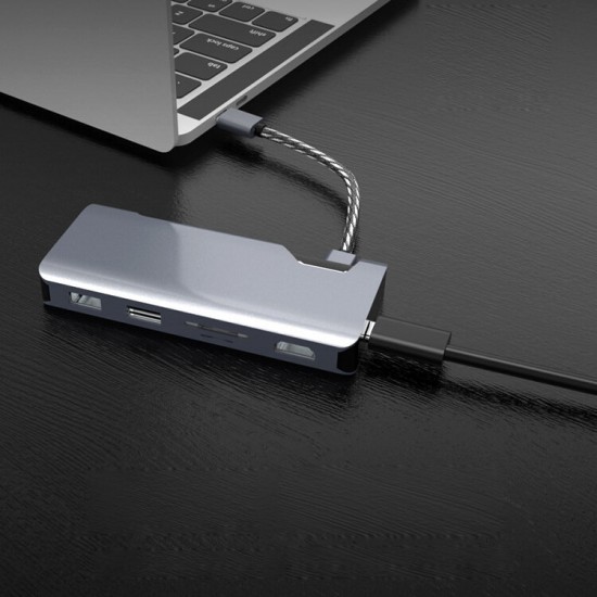 1907B 7 in 1 USB-C Data Hub with 2-Port USB 3.0 TF SD Card Reader USB-C PD Charging HDMI 4K Display VGA for MacBooks Notebooks Phone