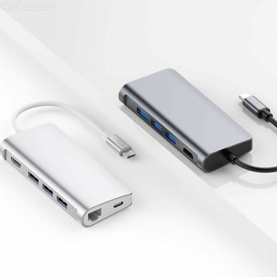 T7 8-in-1 USB-C Hub 3-Port USB 3.0 5Gbps Docking Station HDMI-compatible Adapter SD/TF Card Reader RJ45 Converter