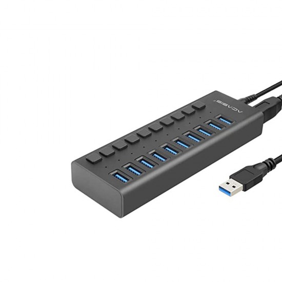 USB 3.0 Hub Super Speed Splitter,10 Port USB Data Hub with Power Adapter, Individual On/Off Switches and Lights