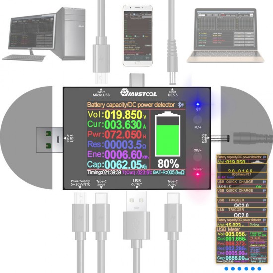UD24 5V~32V DC5.5 USB Tester 2.4 Inch Type-C Digital Voltmeter Ammeter Power Bank Voltage Detector Volt Meter for PD Fast Charge
