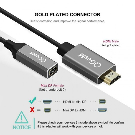 QG-HD02 HDMI to Mini DisplayPort Converter Adapter Cable 4K x 2K HDMI to Mini DP Video Cable For Digital TV / LCD Display Laptop / Projector / TV Box