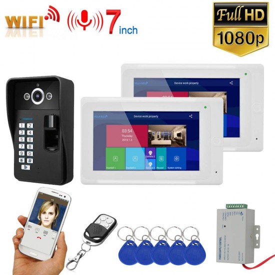 7 inch2 MonitorsWifi Wireless Fingerprint RFID Video Doorbell Intercom System with Wired AHD 1080PDoor Access Control System,Support Remote APP unlocking,Recording