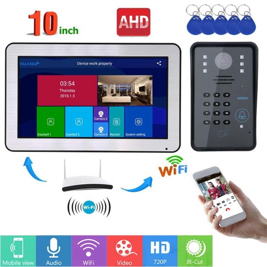 10 Inch Wired / Wireless Wifi RFID Password Video Door Phone Doorbell Intercom Entry System with AHD 720P Wired Camera Night Vision,Support Remote APP Unlocking,Recording,Snapshots