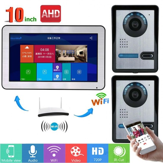 10 Inch Wired Wifi Video Door Phone Doorbell Intercom Entry System with IR-CUT AHD 720P 2 X Wired Camera Night Vision,Support Remote APP Intercom,Unlocking,Recording,Snapshots