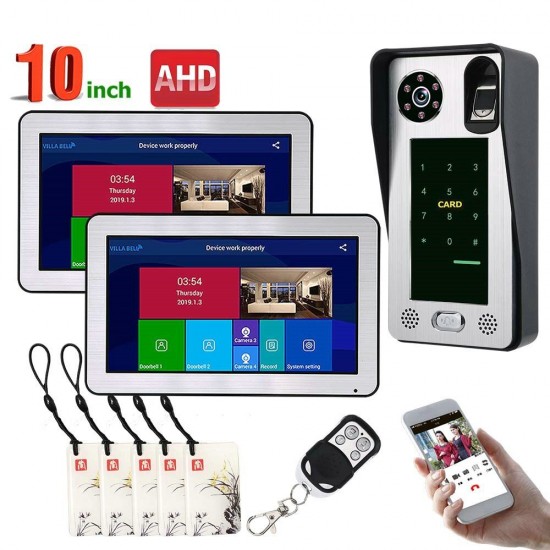 10 inch2 Monitors Wired Wifi Fingerprint IC CardVideo Door Doorbell Intercom System with AHD 720PDoor Access Control System,Support Remote APP Unlocking,Recording