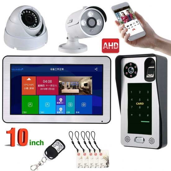 10 inch Wired Wifi Fingerprint IC CardVideo Doorbell Intercom System and 2CH AHD Security Camera,Support Remote APP Intercom,Unlocking,Recording