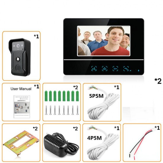 7 Inch Wired Video Doorbell Intercom Kit 1-camera 2-monitor Night Vision Doorbell