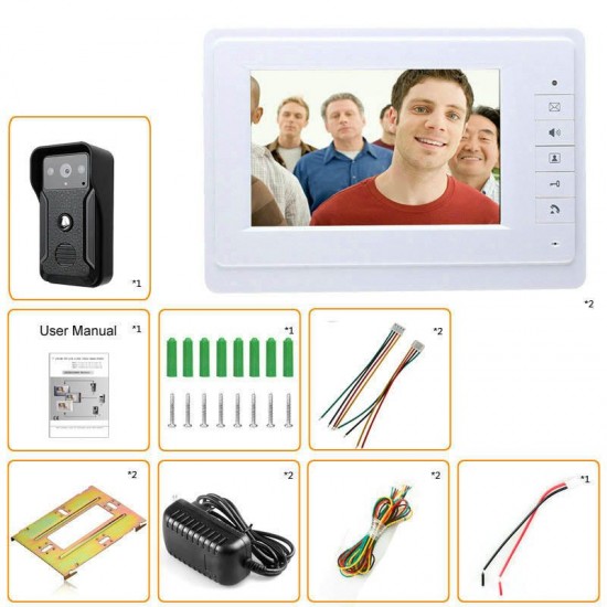 7 Inch Wired Video Phone Doorbell Intercom Kit 1-camera 2-monitor Night Vision Doorbell