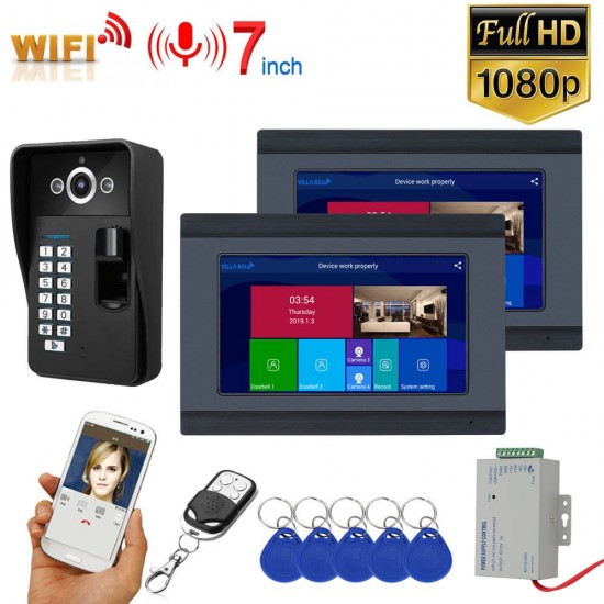 7 inch2 Monitors Wifi Wireless Fingerprint RFID Video Door Phone Doorbell Intercom System with Wired AHD 1080PDoor Access Control System,Support Remote APP Unlocking,Recording