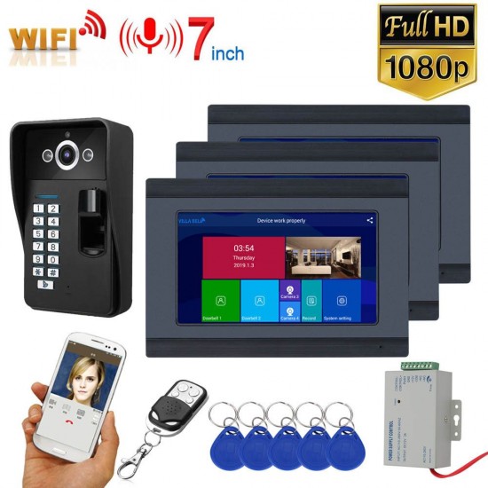 7 inch3 Monitors Wifi Wireless Fingerprint RFID Video Door Phone Doorbell Intercom System with Wired AHD 1080PDoor Access Control System,Support Remote APP Unlocking,Recording