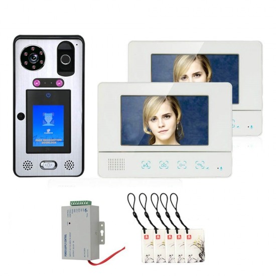 7 inch 2 Monitor Video Door Phone Doorbell Intercom System with Face Recognition Fingerprint RFIC Wired 1000TVL Camera