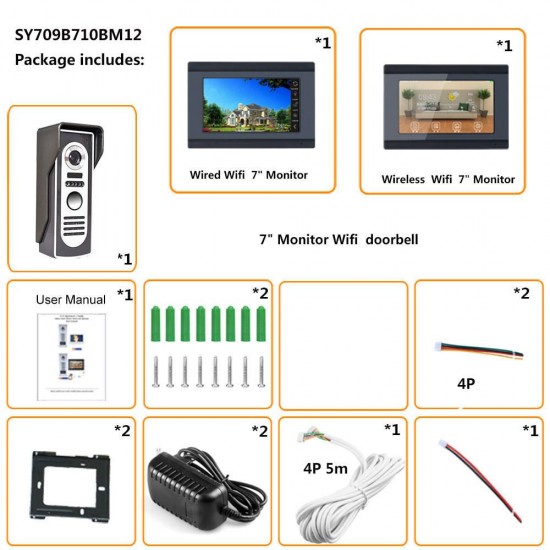 7 inch 2 Monitors Wired /Wireless Video Door Phone Doorbell Intercom Entry System with HD 1080P Wired Camera Night Vision,Support Remote APP Intercom,Unlocking,Recording,Snapshots 7 inch 2 Monitors Wired /Wireless Video Door Phone Doorbell Intercom Entry System with HD 1080P Wired Camera Night Vision,Support Remote APP Intercom,Unlocking,Recording,Snapshots