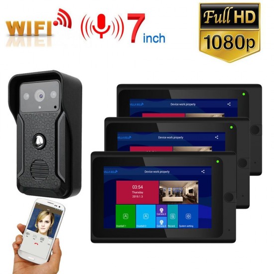 7 inch 3 MonitorsWireless WIFI Video Door Phone Doorbell Intercom Entry System with Wired HD 1080P Wired Camera Night Vision,Support Remote APP Intercom,Unlocking,Recording