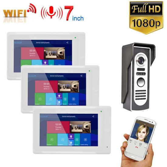 7 inch 3 MonitorsWireless WIFI Video Door Phone Doorbell Intercom Entry System with Wired HD 1080P Wired Camera Night Vision,Support Remote APP intercom,Unlocking,Recording