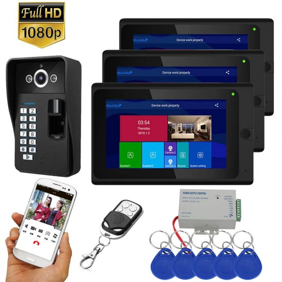 7 inch 3 Monitors Wifi Wireless Fingerprint RFID Video Door Phone Doorbell Intercom System with Wired AHD 1080PDoor Access Control System,Support Remote APP Unlocking,Recording