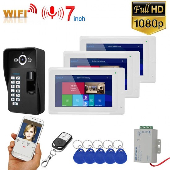 7 inch 3 Monitors Wifi Wireless Fingerprint RFID Video Phone Doorbell Intercom System with Wired AHD 1080PDoor Access Control System,Support Remote APP Unlocking,Recording