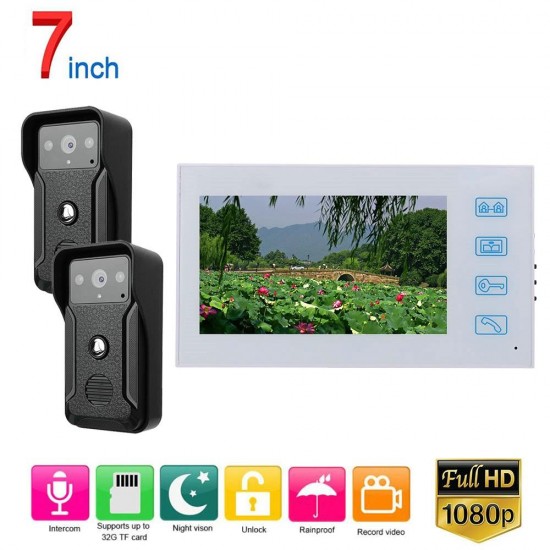 7 inch Record Wired Video Door Phone Doorbell Intercom System with2Pcs AHD 1080P Camera Video Intercom System Kit