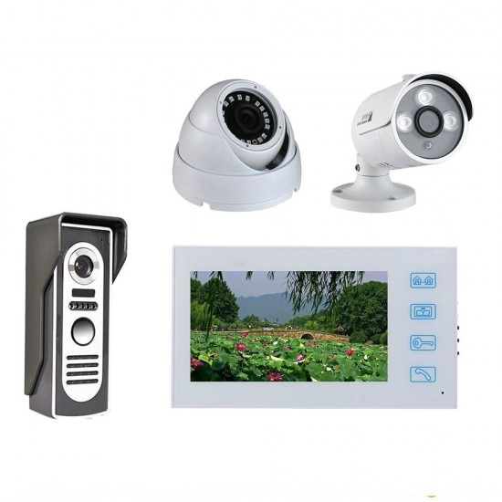 7 inch Record Wired Video Door Phone Doorbell Intercom System withAHD 1080P Camera and 2CH Security Camera White Video Intercom System Kit