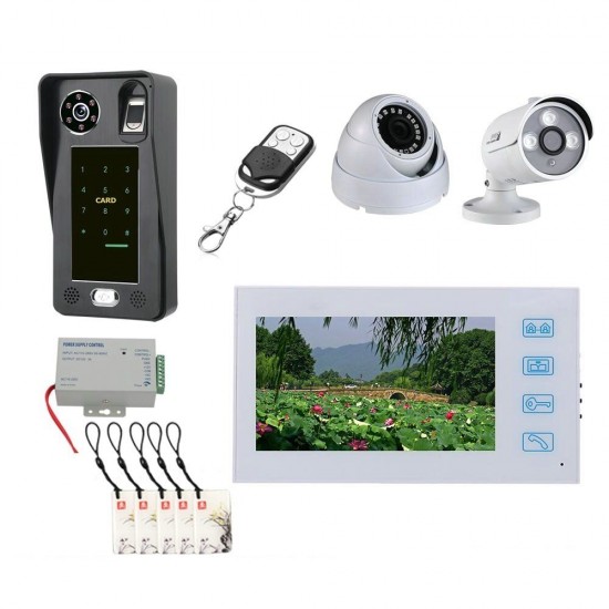 7 inch Record Wired Video Door Phone Doorbell Intercom System withFingerprint RFIC Card AHD 1080P Cameraand 2CH Security Camera