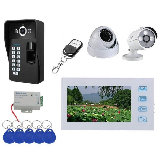 7 inch Record Wired Video Door Phone Doorbell Intercom System withFingerprint RFID AHD 1080P Camera and 2CH Security Camera