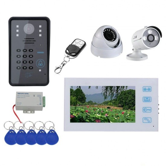 7 inch Record Wired Video Door Phone Doorbell Intercom System withRFID Password AHD 1080P Camera and 2CH Security Camera