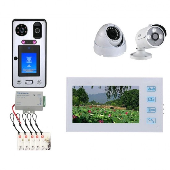 7 inch Record Wired Video Door Phone Doorbell Intercom System with Face Recognition Fingerprint RFIC 1080P Cameraand 2CH Security Camera