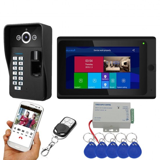 7 inch Wifi Wireless Fingerprint RFID Video Door Phone Doorbell Intercom System with Wired AHD 1080PDoor Access Control System,Support Remote APP Unlocking,Recording,Snapshots