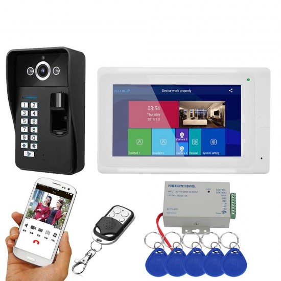 7 inch Wifi Wireless Fingerprint RFID Video Phone Doorbell Intercom System with Wired AHD 1080PDoor Access Control System,Support Remote APP Unlocking,Recording,Snapshots