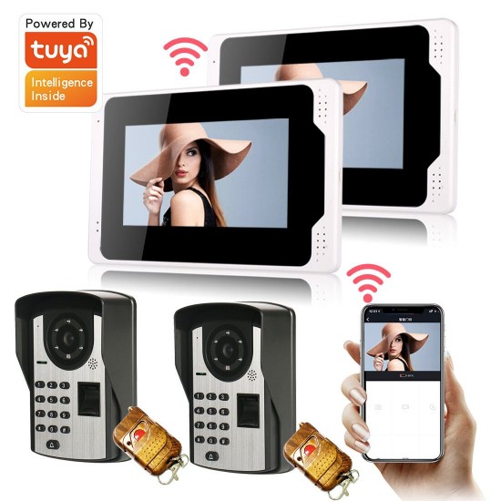 701FD22 7InchFingerPrint PassLock Wired / Wireless Wifi RFID Password Video Door Phone Doorbell Intercom Entry System with 1080P Wired Camera Night Vision