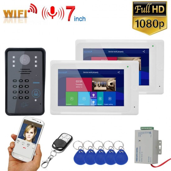 7inch 2 Monitors Wireless Wifi RFID Password Video Phone Doorbell Intercom Entry System with Wired IR-CUT 1080P Wired Camera Night Vision,Support Remote APP Unlocking,Recording