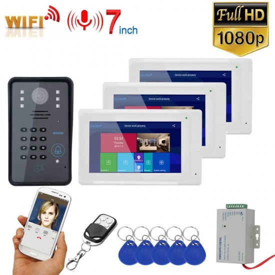 7inch 3 Monitors Wireless Wifi RFID Password Video Doorbell Intercom Entry System with Wired IR-CUT 1080P Wired Camera Night Vision,Support Remote APP Unlocking,Recording