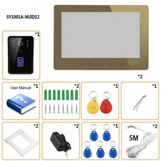 SY1001A-MJID12 10 RFID Video Door Phone Intercom Doorbell Touch Button Remote 2-Monitor