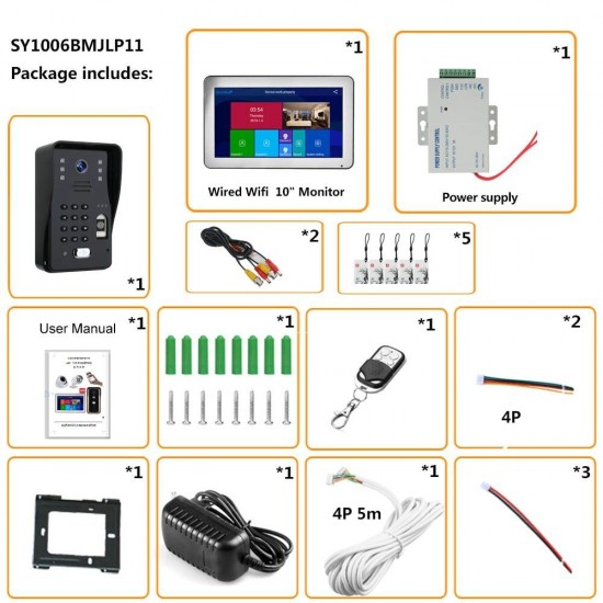 SY1006BMJLP11 10 Inch Wifi Wireless Fingerprint RFIDVideo Door Phone Doorbell Intercom System with Wired AHD 1080PDoor Access Control System