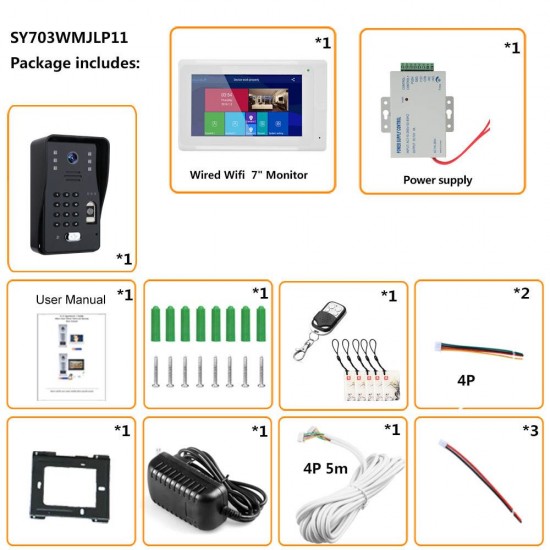 SY703WMJLP11 7 inch Wifi Wireless Video Door Phone Doorbell Intercom System with Wired Fingerprint RFID AHD 1080P Door Access Control System