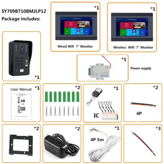 SY709B710BMJLP12 2 Monitors 7 inch Wifi Wireless Video Door Phone Doorbell Intercom System with Wired Fingerprint RFID AHD 1080P Door Access Control System SY709B710BMJLP12 2 Monitors 7 inch Wifi Wireless Video Door Phone Doorbell Intercom System with Wired Fingerprint RFID AHD 1080P Door Access Control System