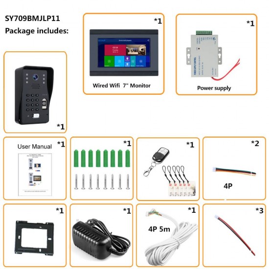 SY709BMJLP11 7 inch Wifi Wireless Video Door Phone Doorbell Intercom System with Wired Fingerprint RFID AHD 1080P Door Access Control System