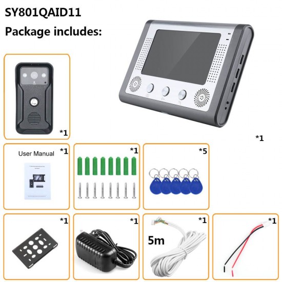 SY801QAID11 7 Inch Color Video Intercom Door Phone RFID System With HD Doorbell 1000TVL Camera