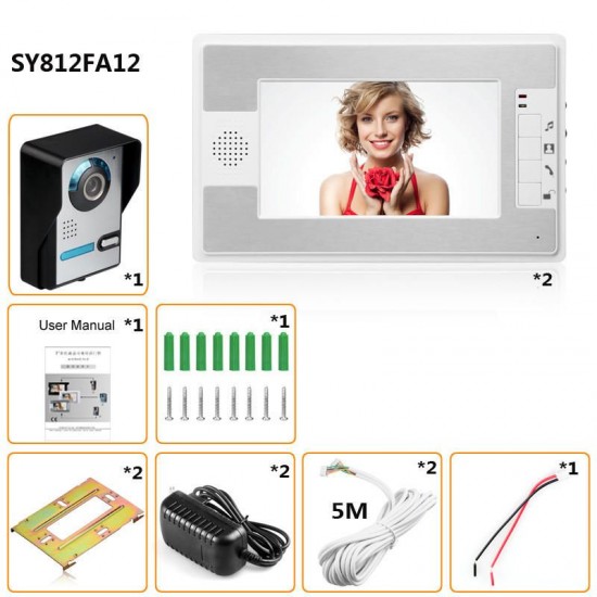 SY813FA12 7 Inch Video Door Phone Doorbell Intercom Kit 1 Camera 2 Monitor Night Vision