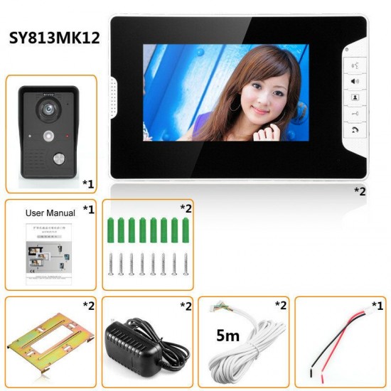 SY813MK12 7 Inch TFT LCD Video Door Phone Doorbell Intercom Kit 1 Camera 2 Monitor Night Vision